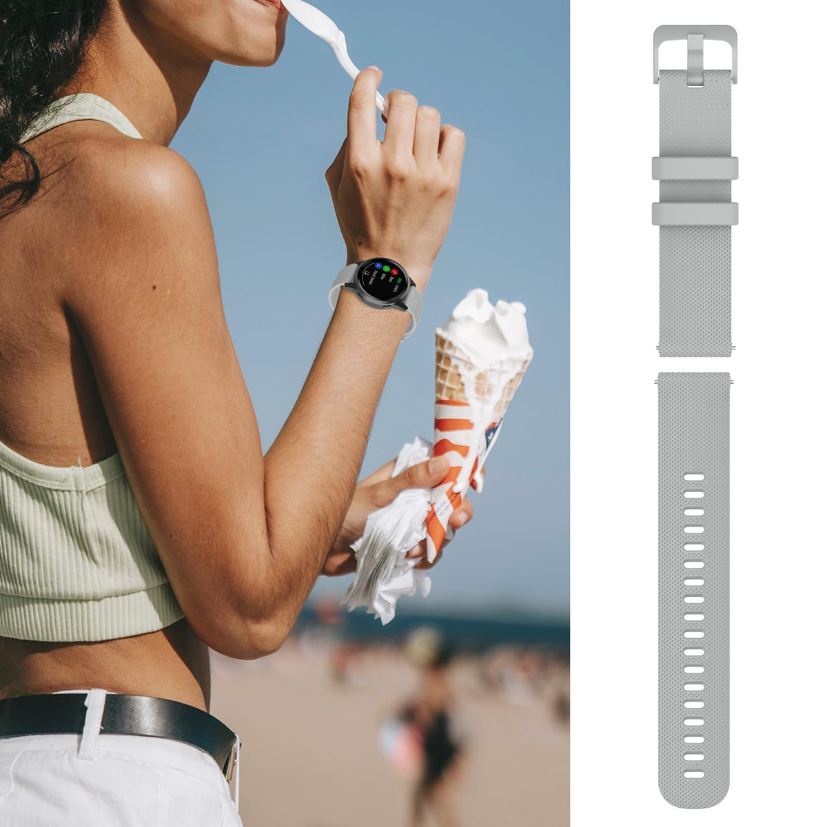 RuenTech Garmin 18mm gray silicone band, durable and sweatproof.