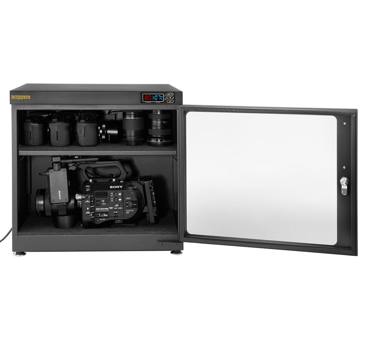Ruggard EDC-80L control panel displays temperature and humidity for quick checks