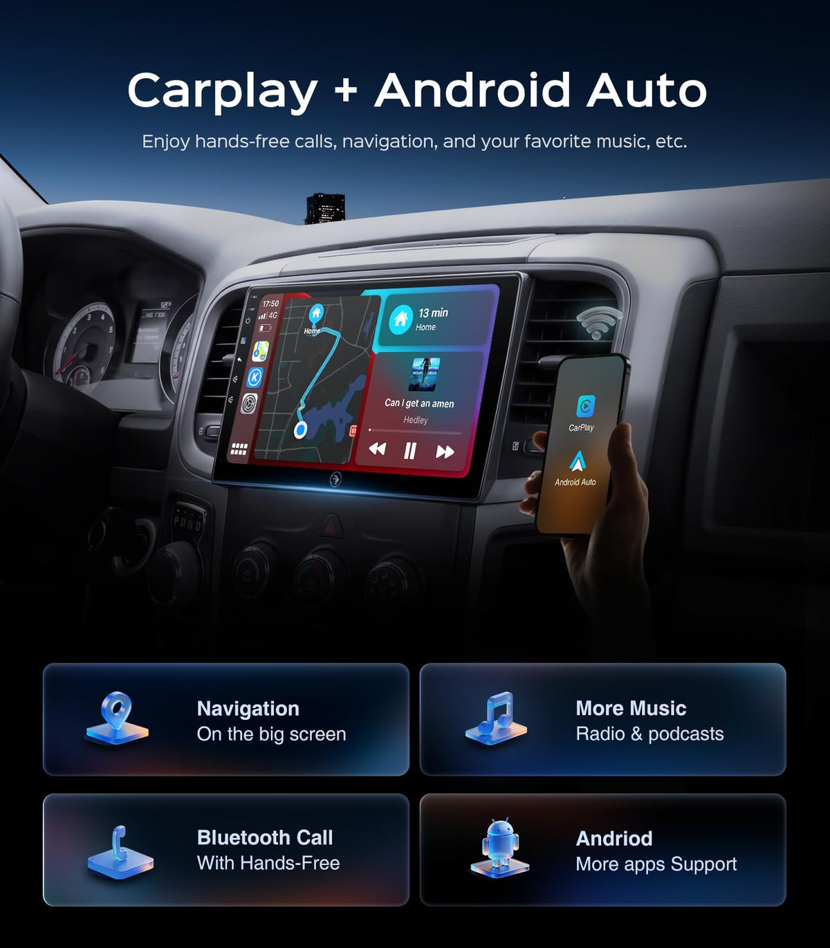RUICAR CarPlay and Android Auto integration, wired or wireless for hands-free control