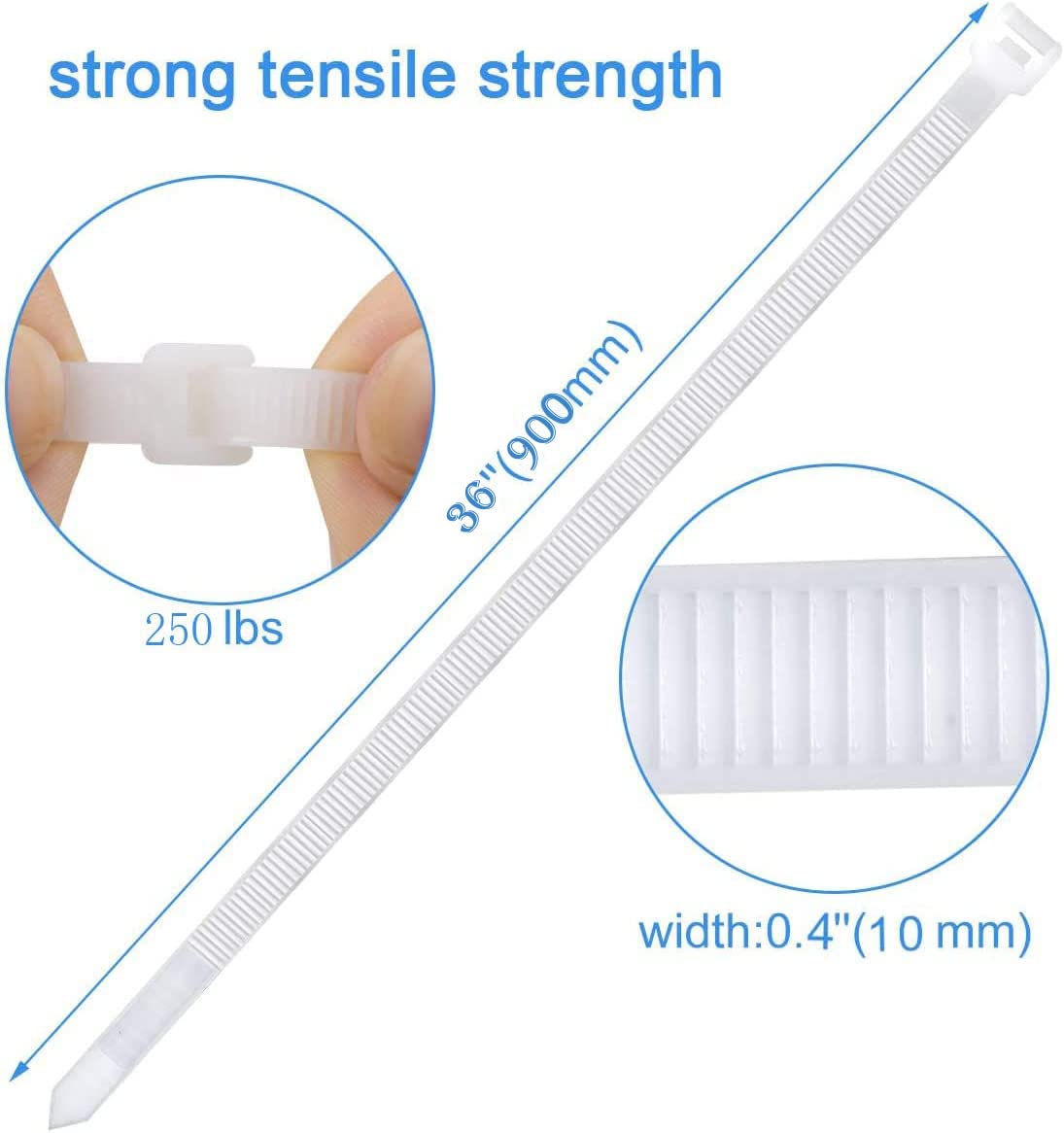 RUIHAO 36-inch white UV-resistant nylon 66 zip ties for outdoor resilience.