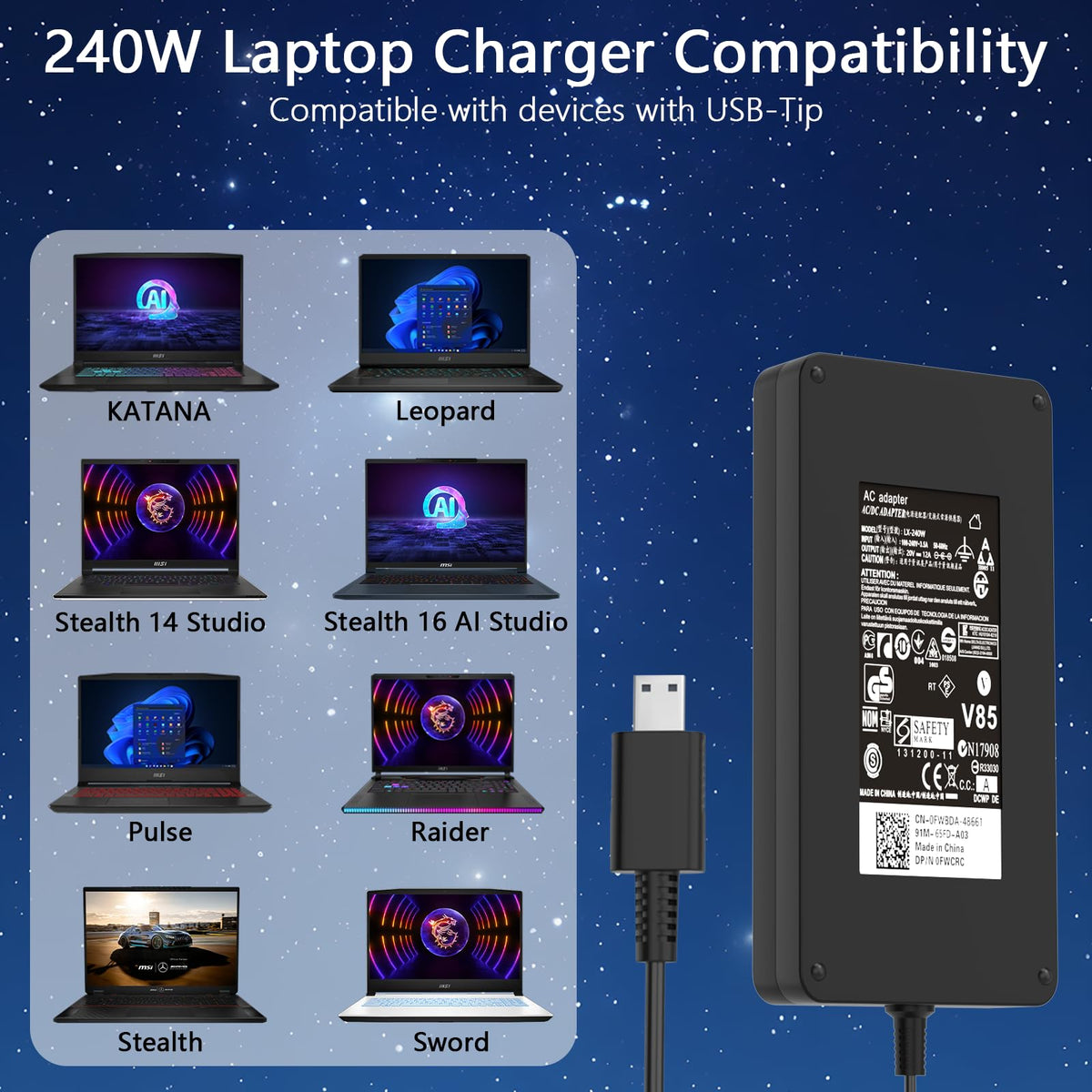 Ruilezyo 20V 12A 240W output illustrated for high-demand laptops