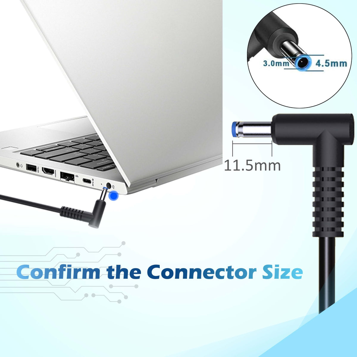 RUIQIU 65W HP Envy blue-tip cable—longer reach for comfortable desk use.