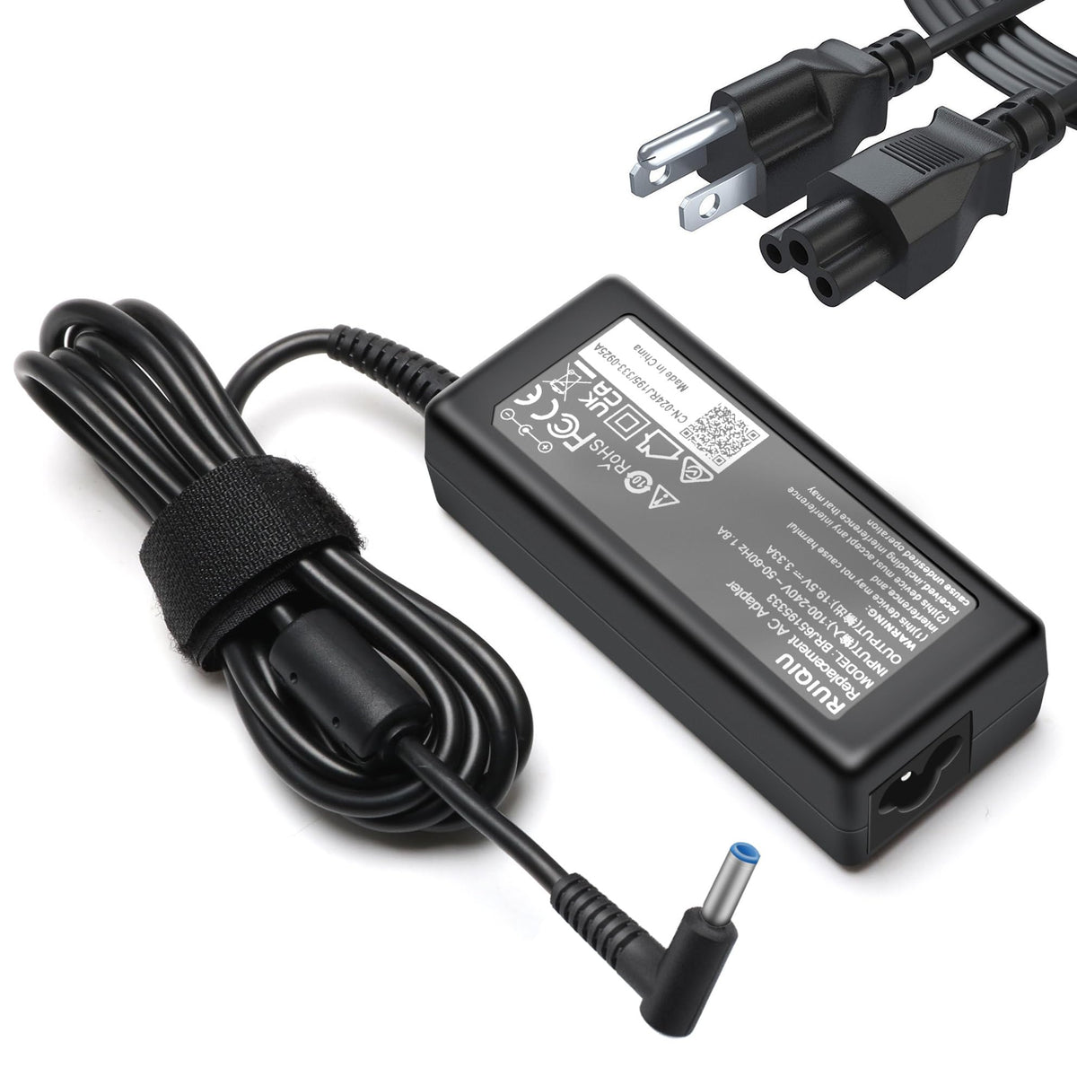 RUIQIU 65W HP Envy blue-tip front view—compact travel-ready power option.
