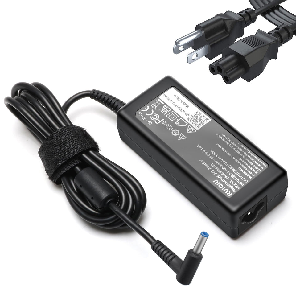 RUIQIU 65W HP Envy blue-tip front view—compact travel-ready power option.