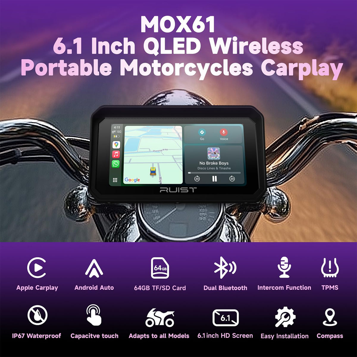 RUIST MOX61 wireless CarPlay and Android Auto enable hands-free navigation and calls.