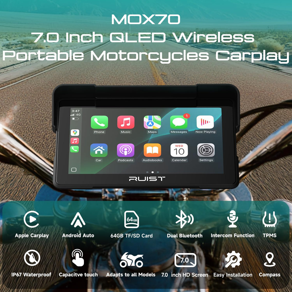 RUIST MOX70 wireless CarPlay and Android Auto for hands-free riding