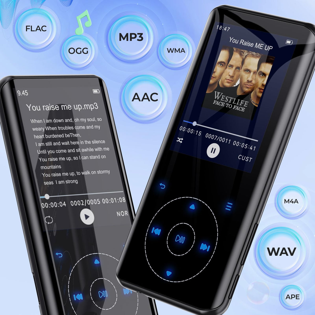 RUIZU curved 2.4-inch screen close-up displaying album art, clear viewing