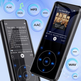 RUIZU curved 2.4-inch screen close-up displaying album art, clear viewing