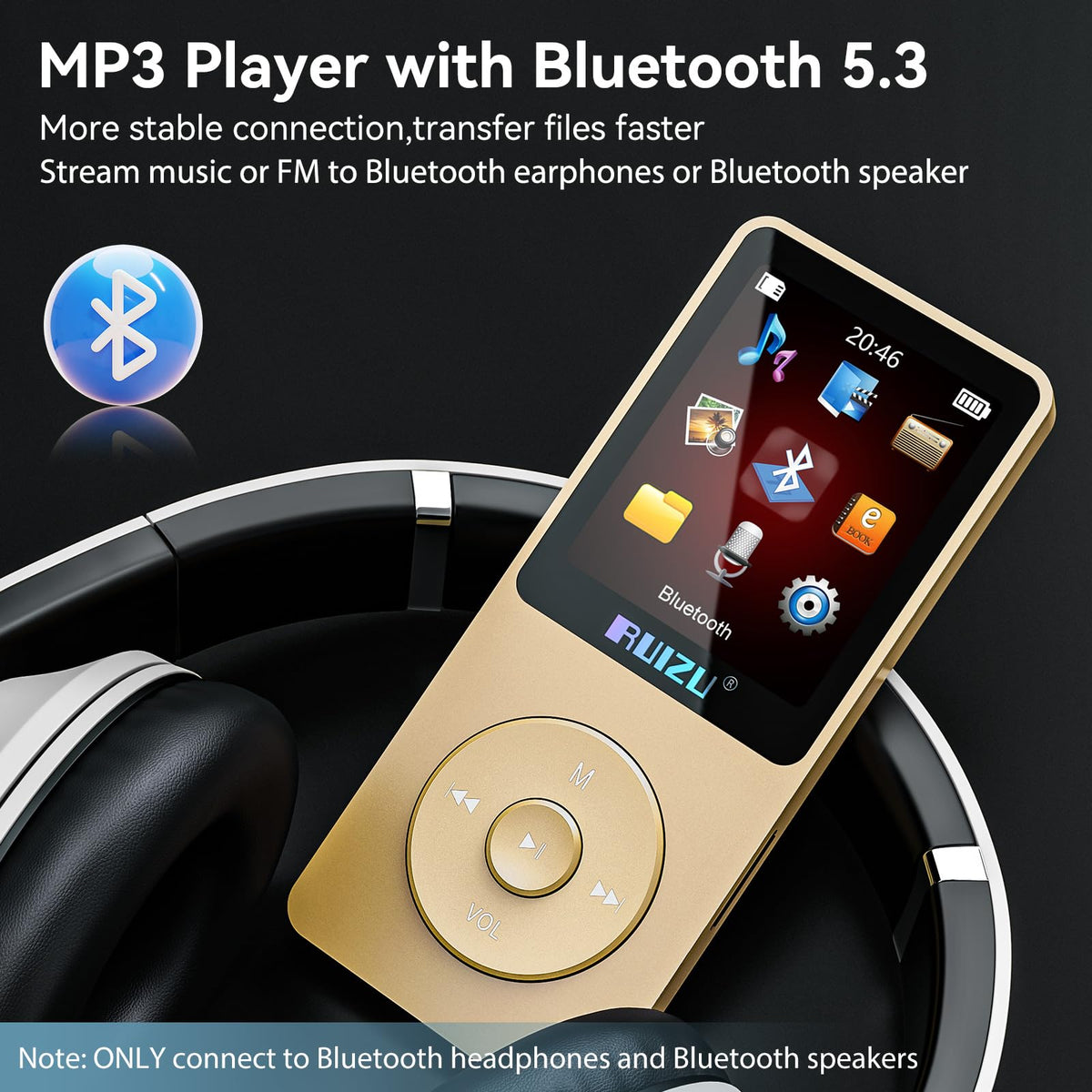 RUIZU closeup of 1.8-inch screen showing playlist, easy-read display benefit