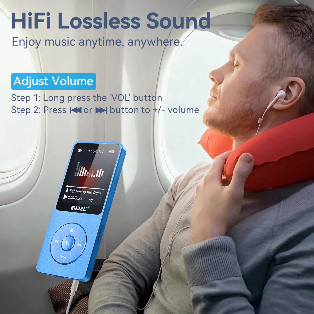 RUIZU display showing FM and recorder icons, quick capture and radio use