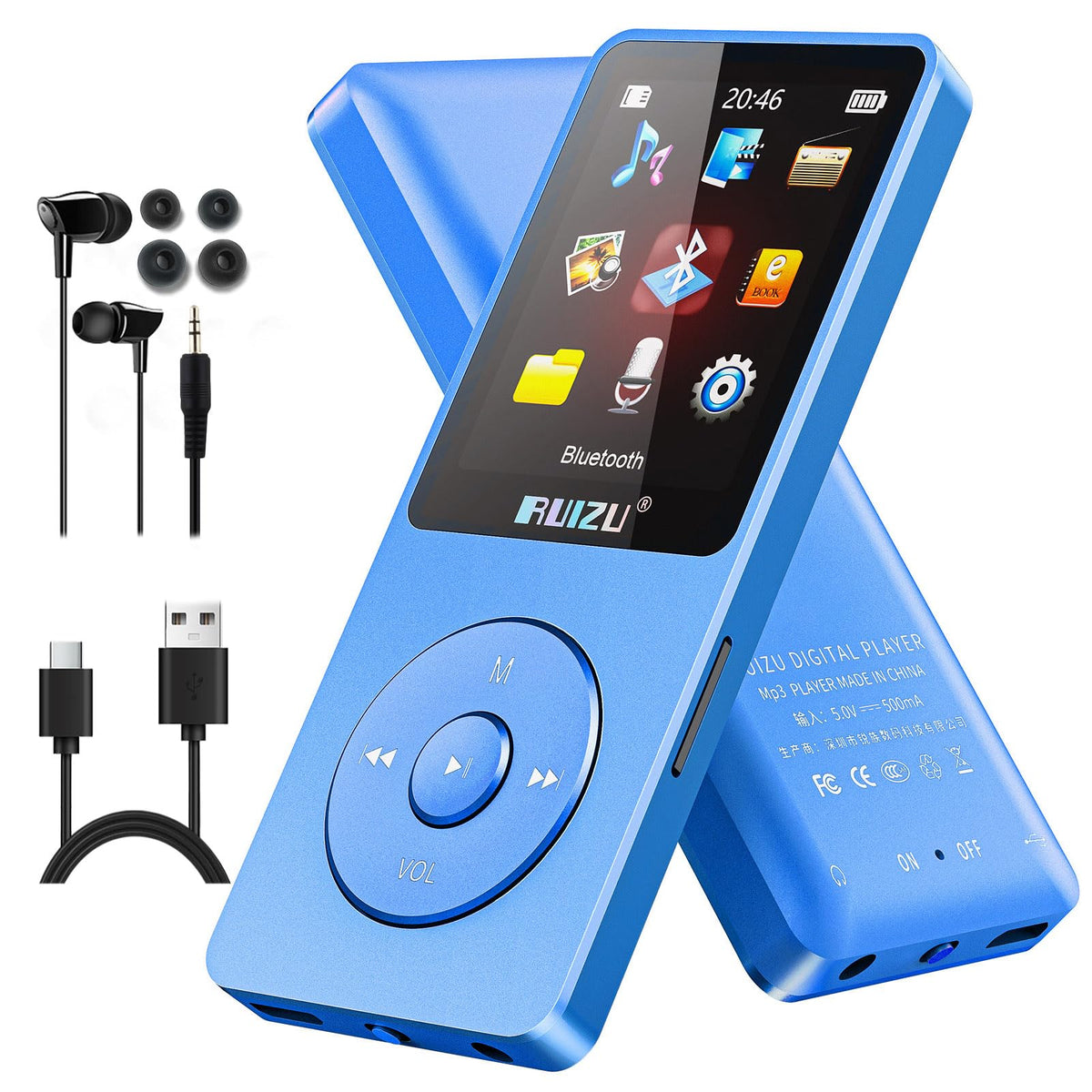 RUIZU front view showing blue casing and display, easy portable listening