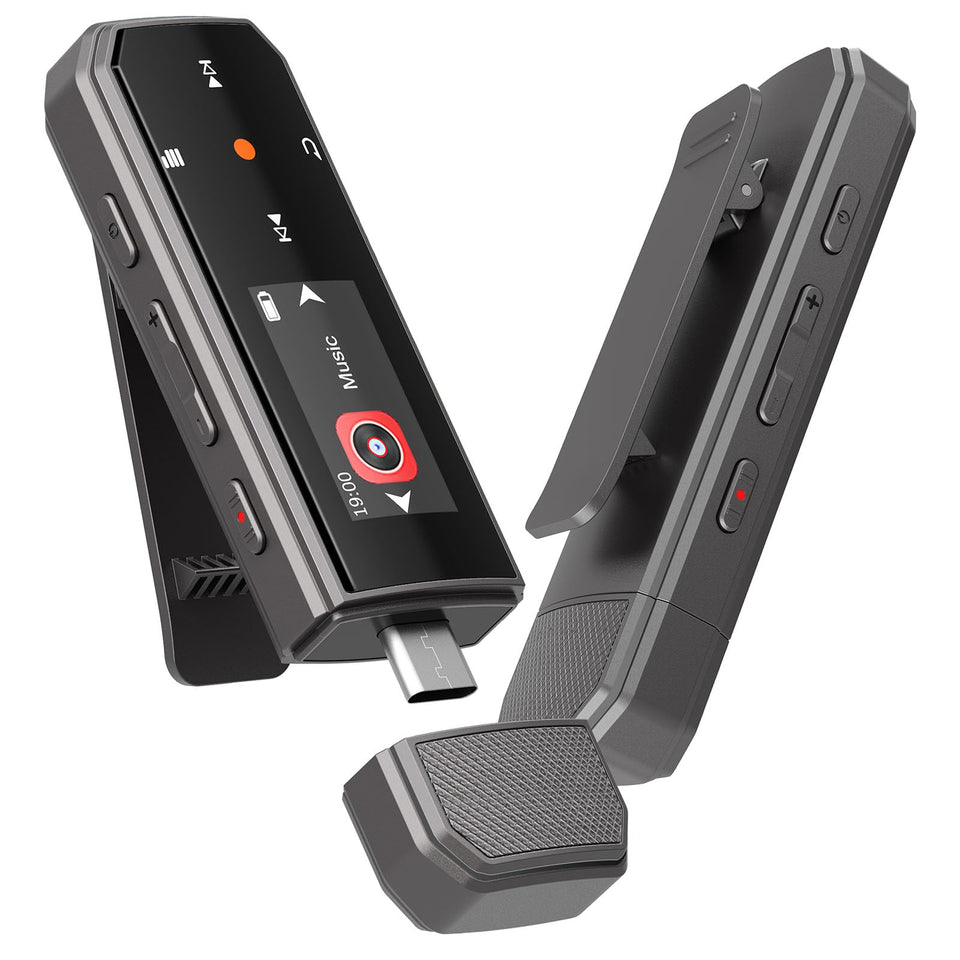 RUIZU front view with clip showing compact music playback benefit