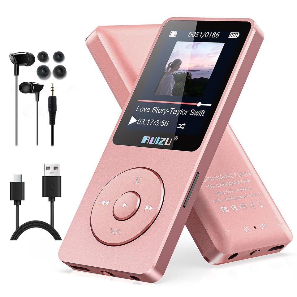 RUIZU front view showing buttons and display, clear controls for easy playback