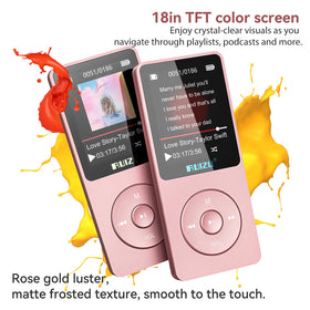 RUIZU screen closeup displaying playlist, clear 1.8-inch screen for browsing
