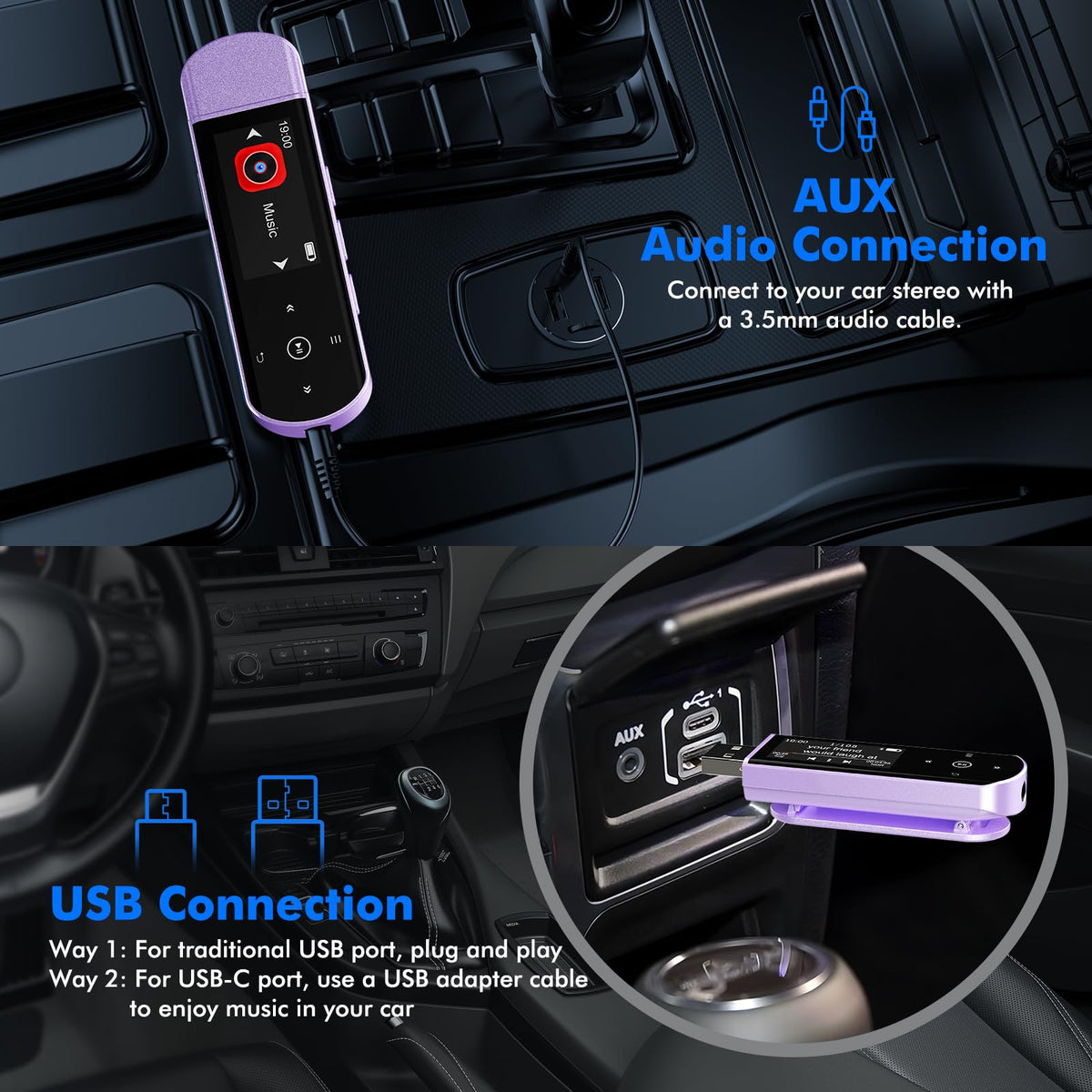 RUIZU USB plug and connector visible, fast file transfer and charging benefit