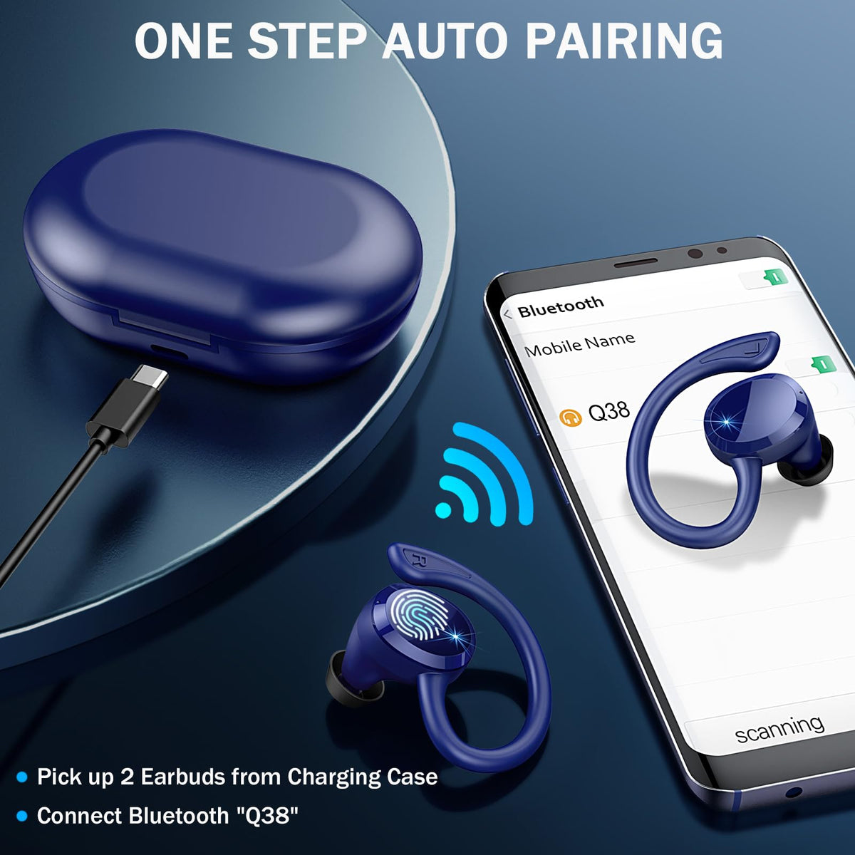 Rulefiss Q38 earhook side profile demonstrating 45-degree flexible fit for comfort