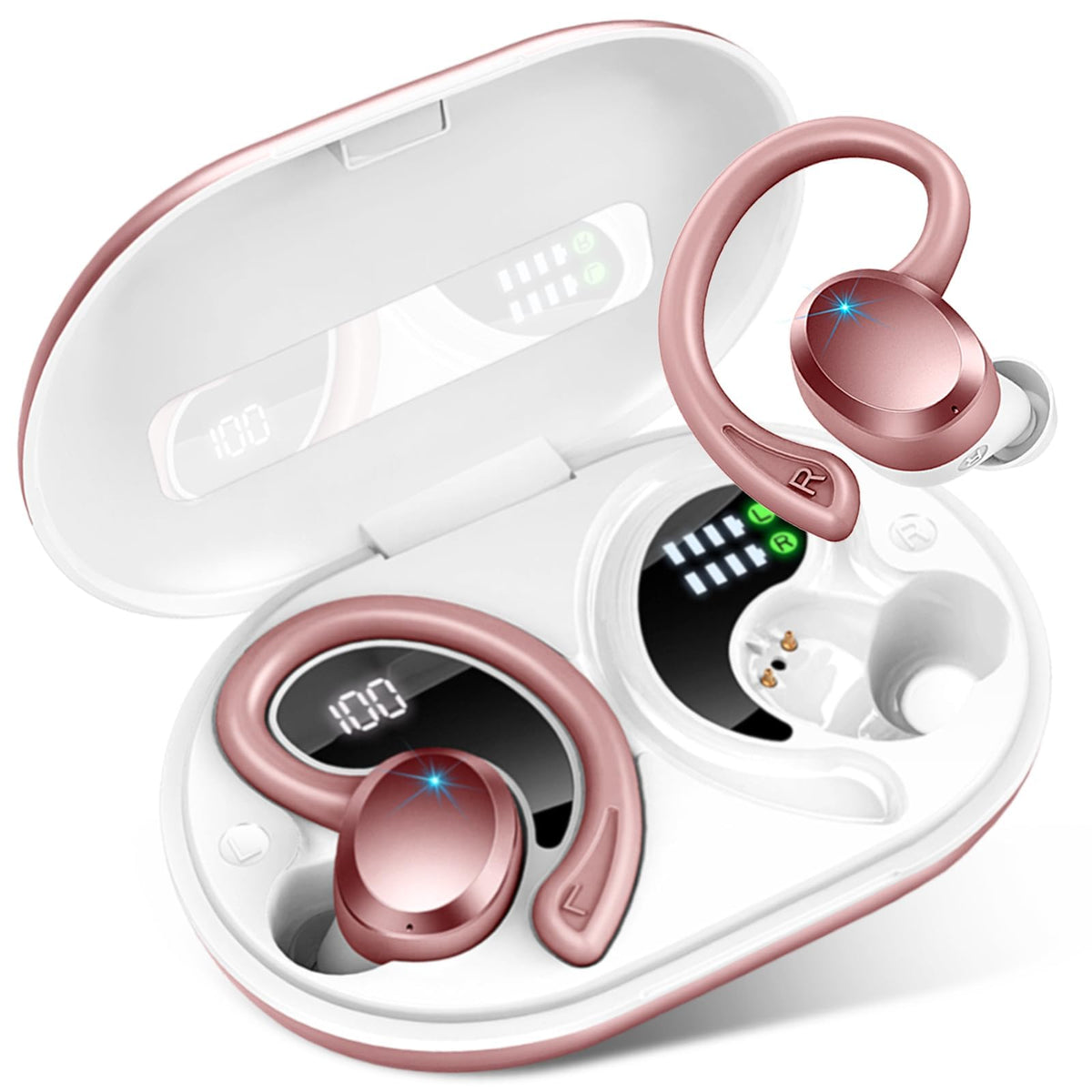 Rulefiss wireless earbuds case opens, ready for automatic pairing with your device.