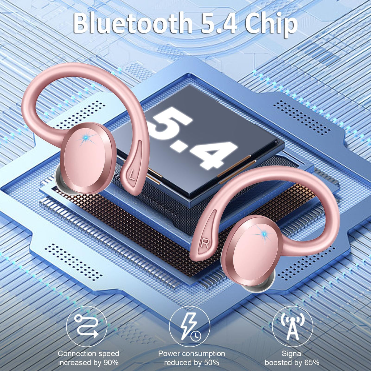 Rulefiss wireless earbuds close-up with four HD mics highlighting clear voice pickup.