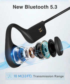 Rumatas swimming headphones with open-ear design and IPX8 waterproofing.