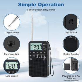 RunningByte pocket radio alarm clock with snooze and sleep timer.
