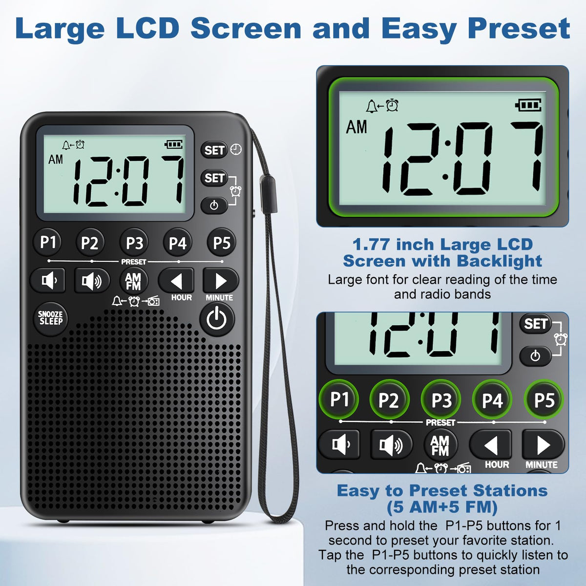 RunningByte pocket radio LCD backlit display for easy viewing in the dark.