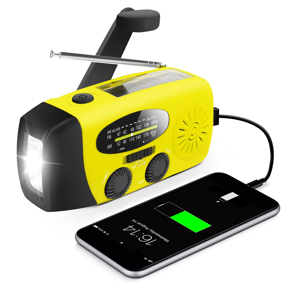 RunningSnail emergency radio front view showing compact design and controls
