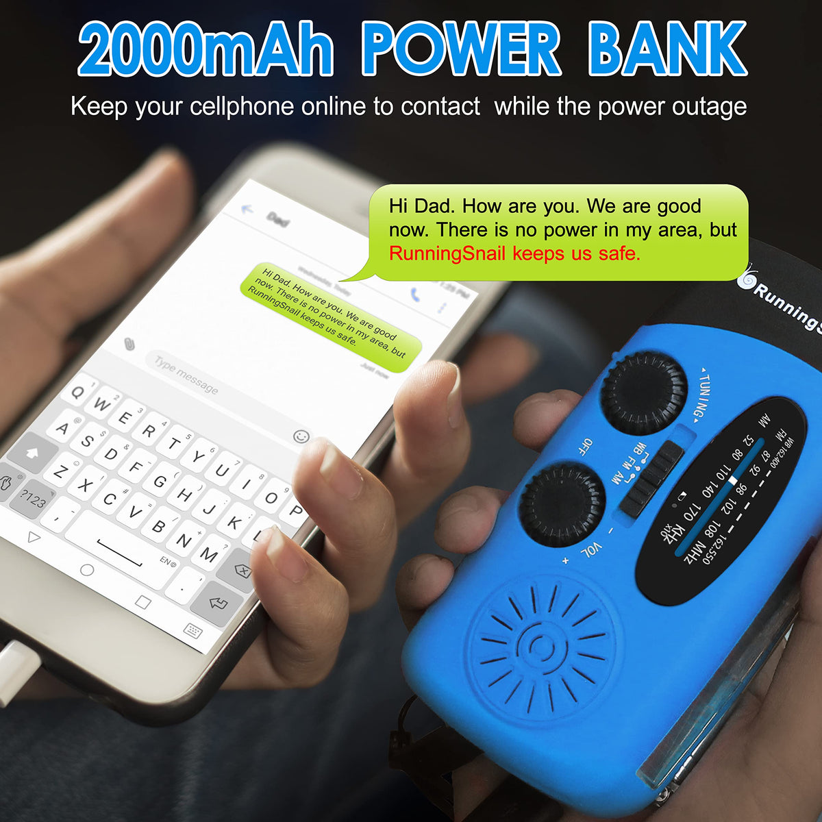 RunningSnail Emergency Radio USB port supports phone charging when needed.