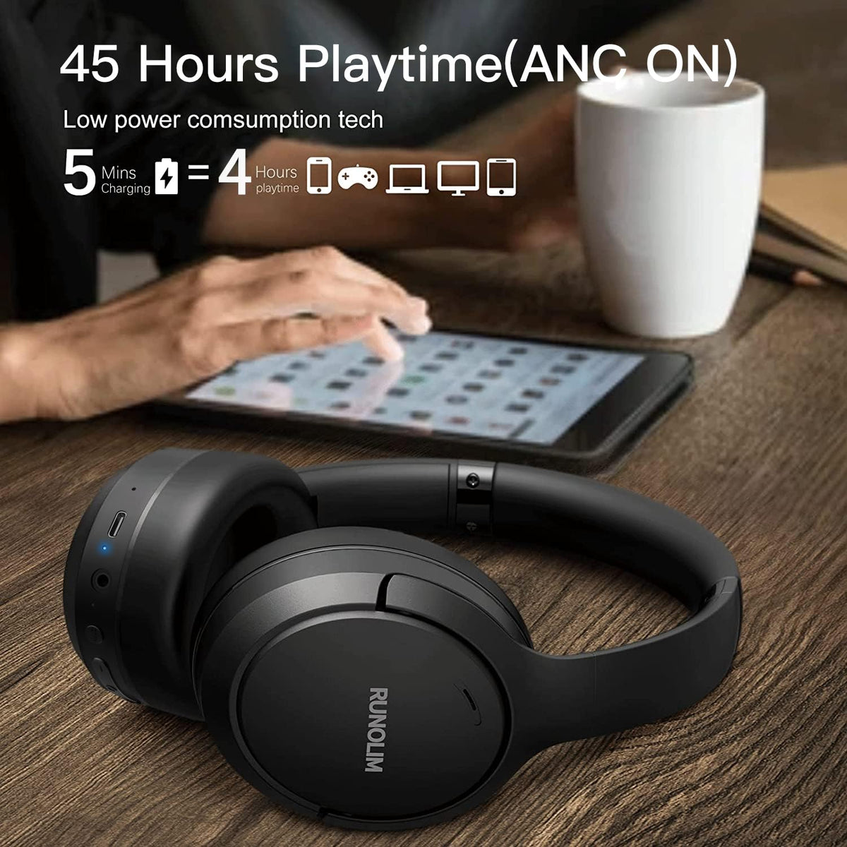 RUNOLIM side profile highlighting built-in microphone for clear calls