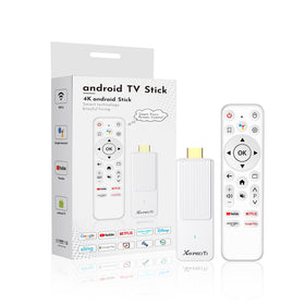 RUPA front view of Android TV stick showing compact white housing and branding, highlights portability