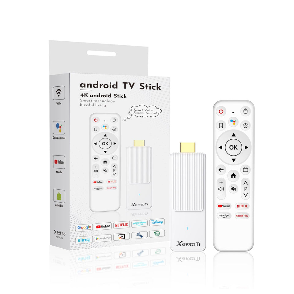 RUPA front view of Android TV stick showing compact white housing and branding, highlights portability