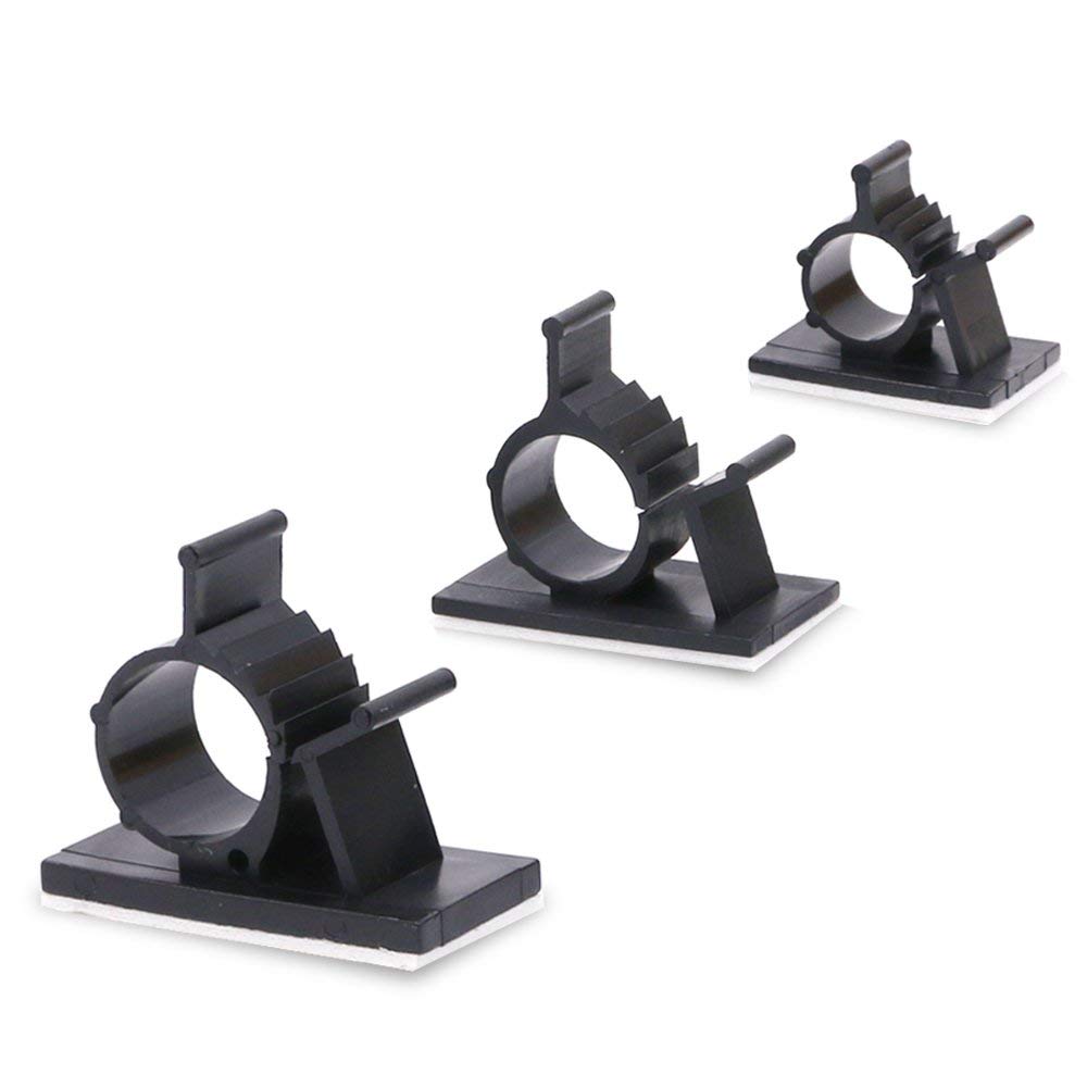 Rustark 100pcs three-size cable clips for versatile desk and wall cord management.