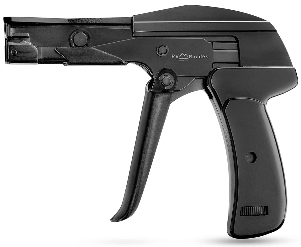 RV Rhodes zip tie gun front view showing tool shape and tip, ensures tidy cable bundles