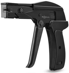 RV Rhodes zip tie gun on a workshop bench with ties, ideal for installers and DIYers