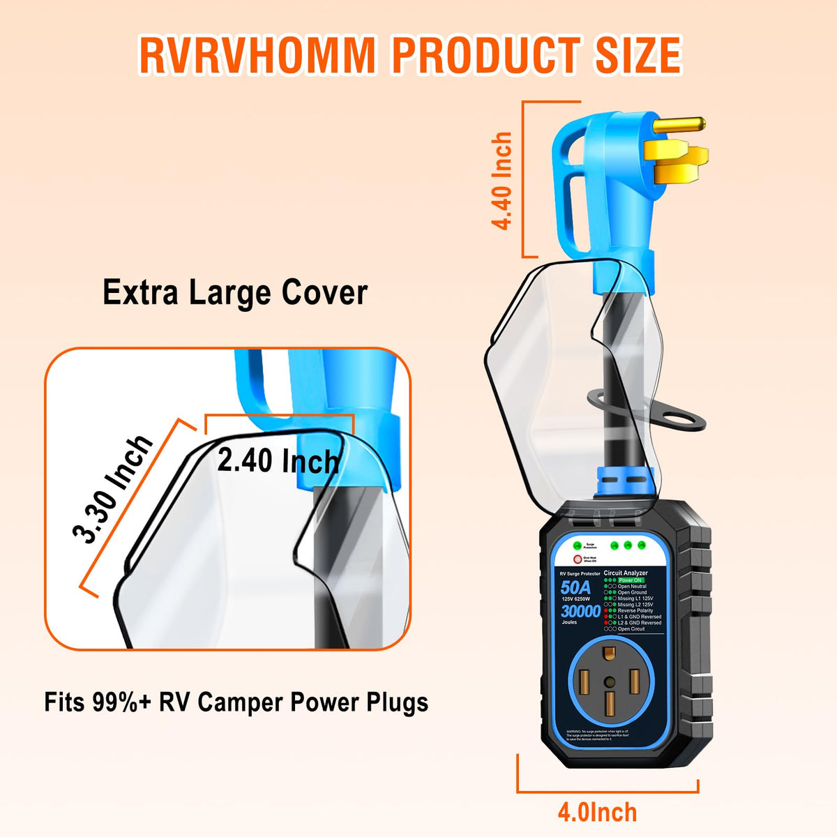 RVRVHOMM 30000J surge protector keeps RV electricals safe on trips.