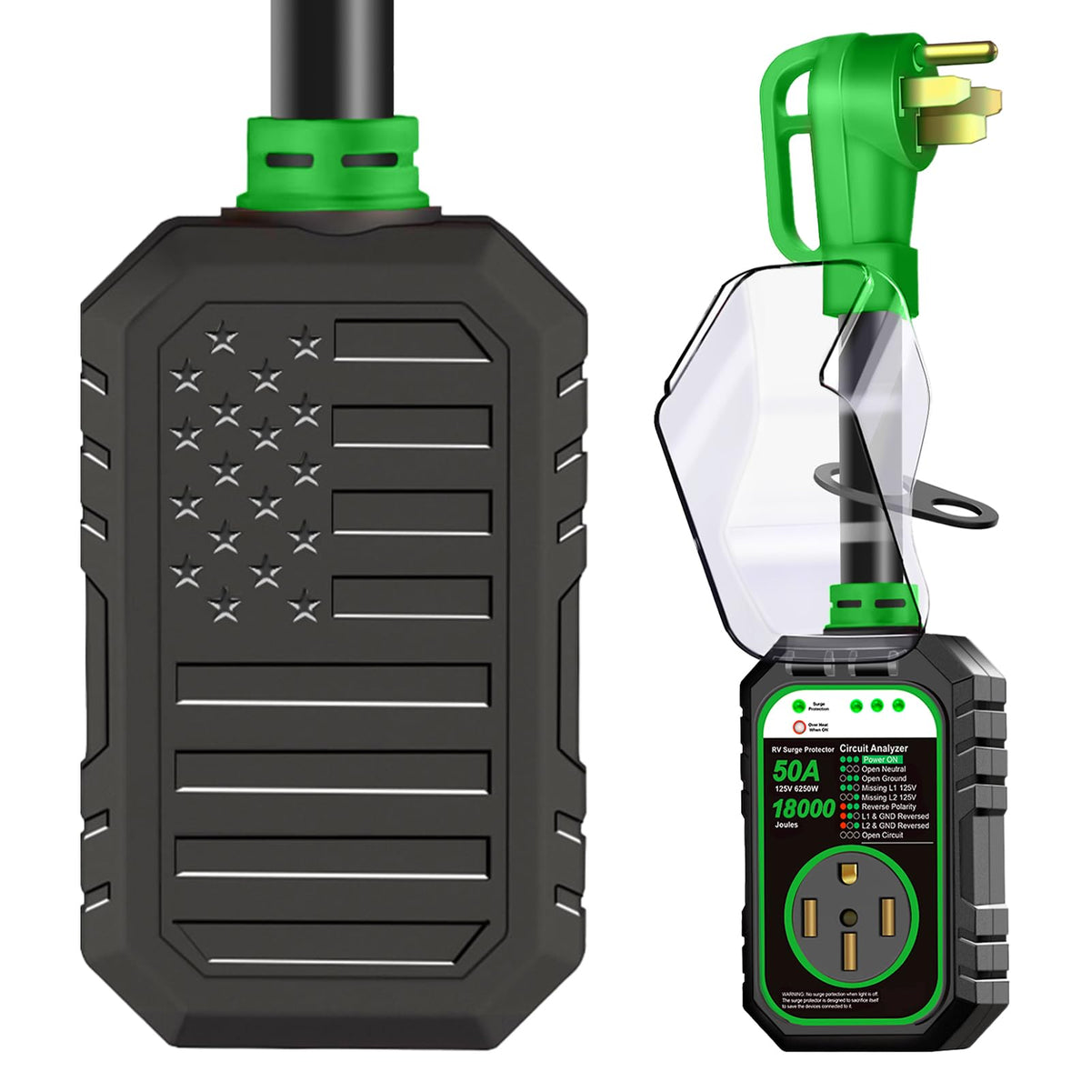 RVRVHOMM front view of 50A flag surge protector showing robust housing and flag design for easy handling