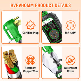 RVRVHOMM side profile displaying NEMA 14-50 plug and durable casing for secure campground connections