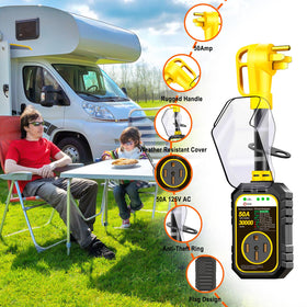 RVRVHOMM yellow campsite setup with quick surge protection in use