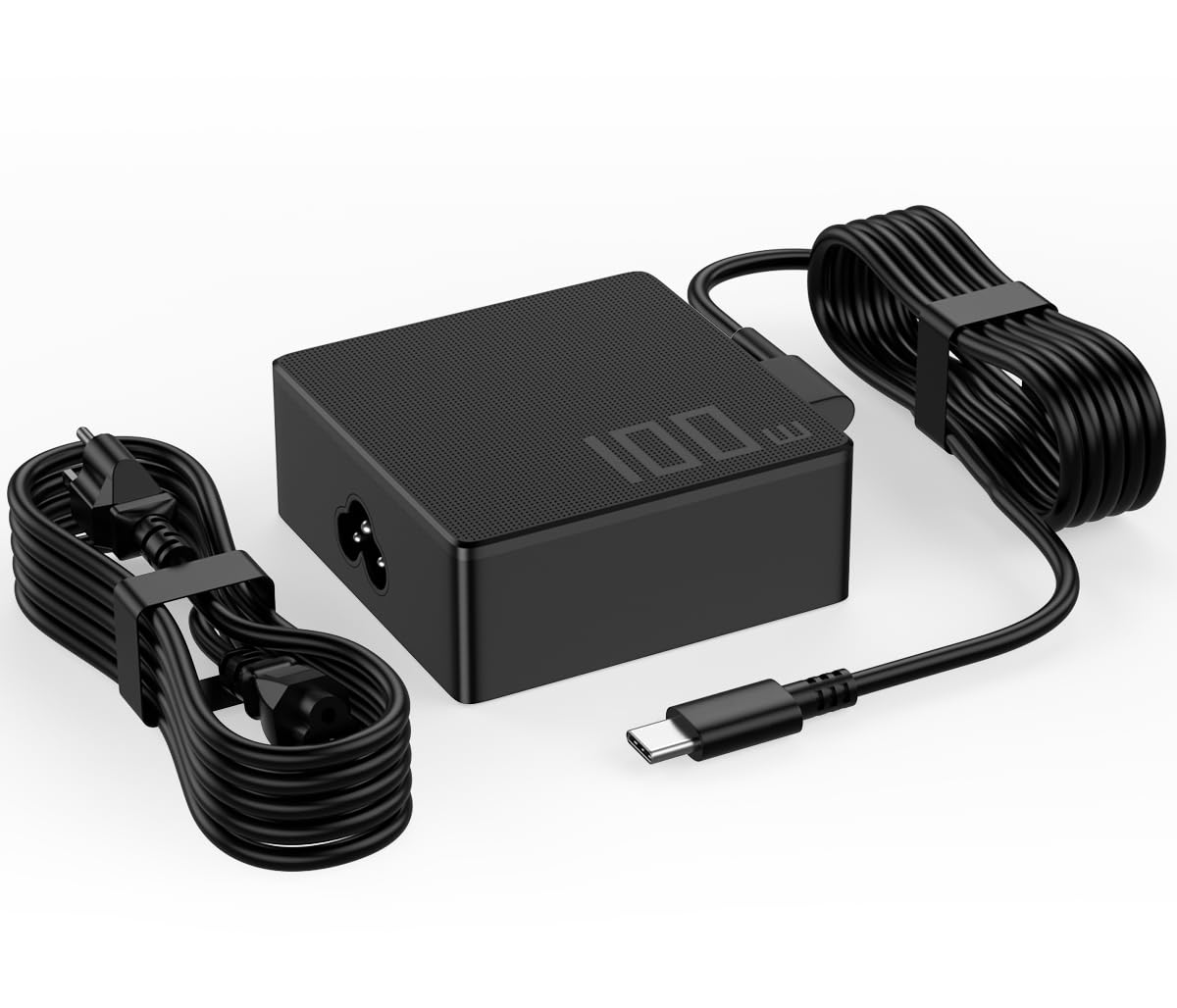 Ryaobwu 100W USB-C charger front view powering a laptop quickly and safely.