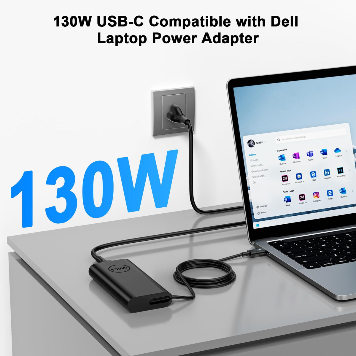 Ryaobwu 130W USB-C charger for 2-in-1 Dell devices, versatile charging.