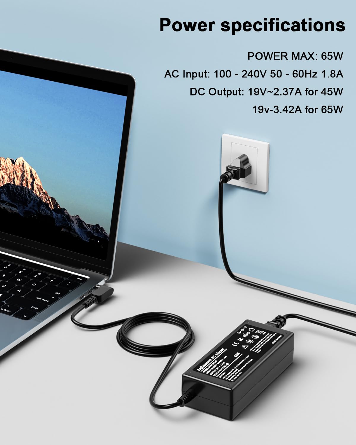 Ryaobwu 65W adapter with included AC power cord for ready charging