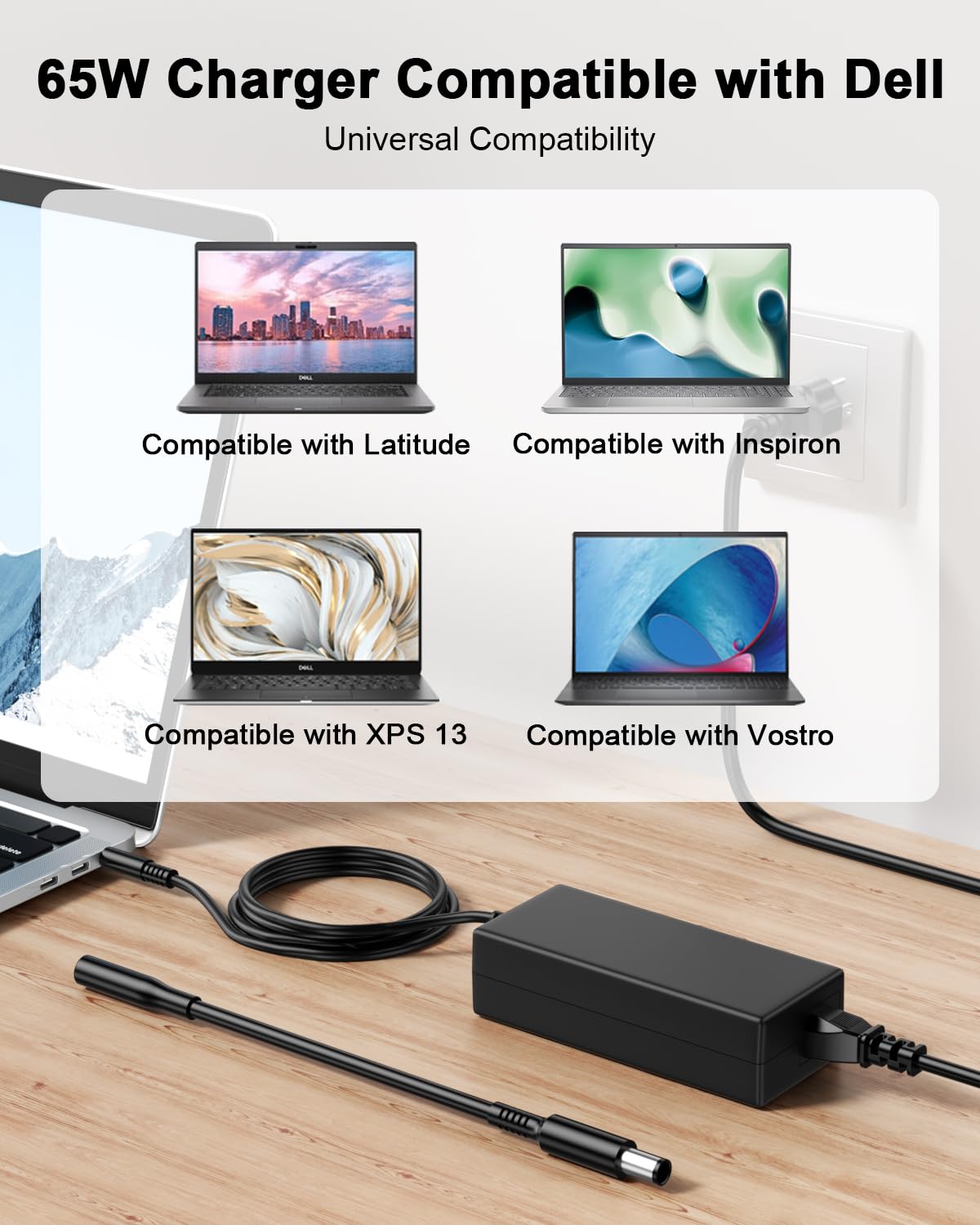 Ryaobwu Dell 65W adapter cable length image emphasizes 150 cm flexibility