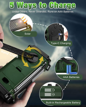 Rychi emergency radio 3W flashlight provides bright light during nighttime preparations.