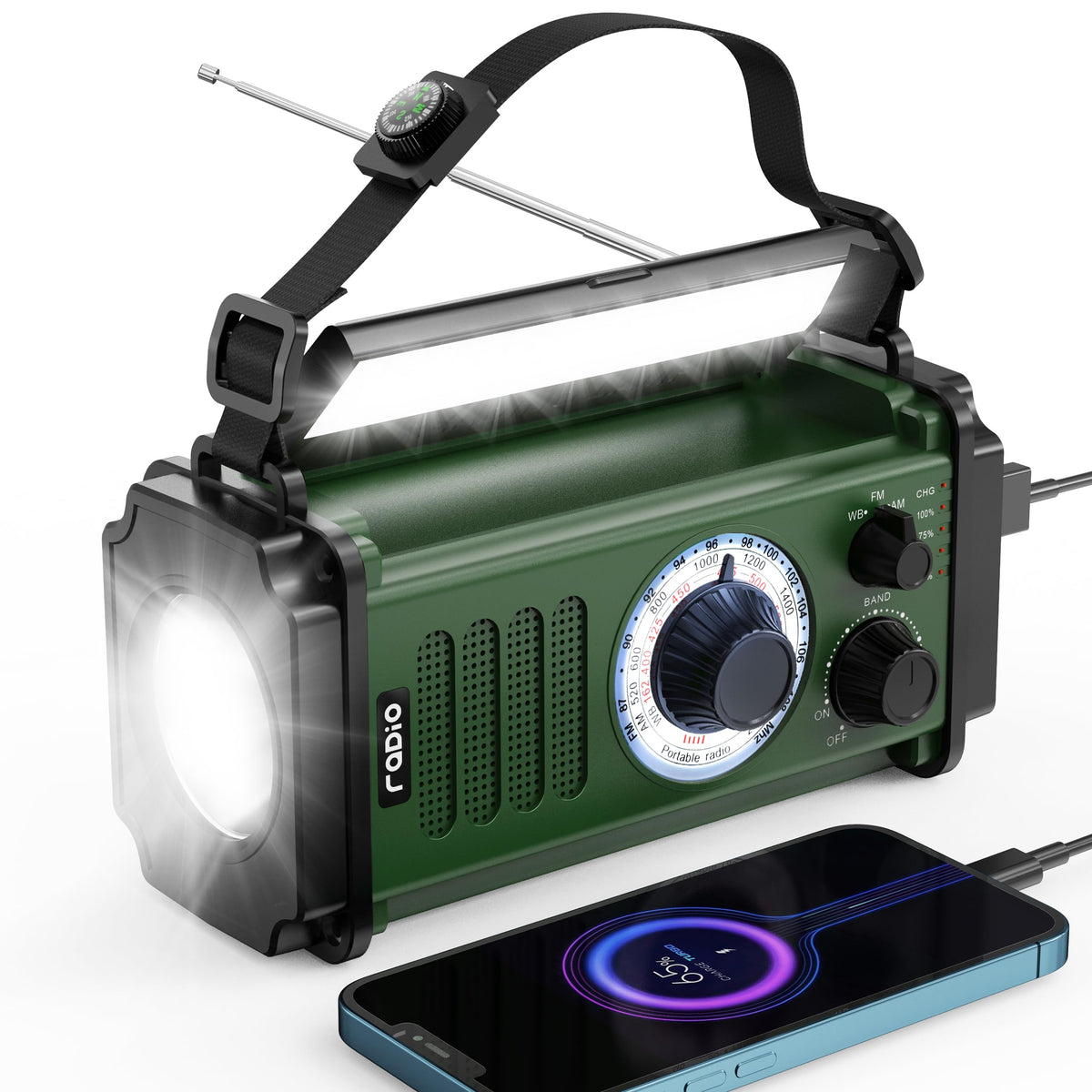 Rychi emergency radio front view shows compact design for easy grab-and-go in emergencies.