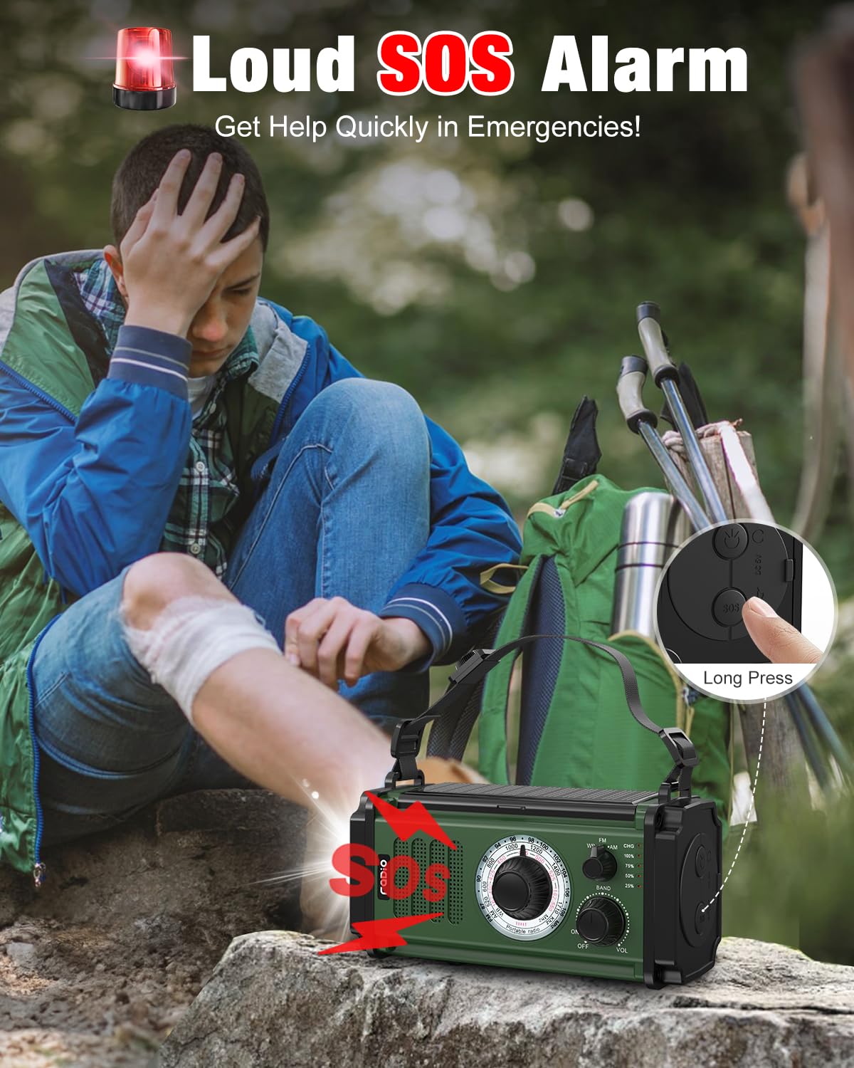 Rychi emergency radio reading lamp offers hands-free illumination for reading or repairs.