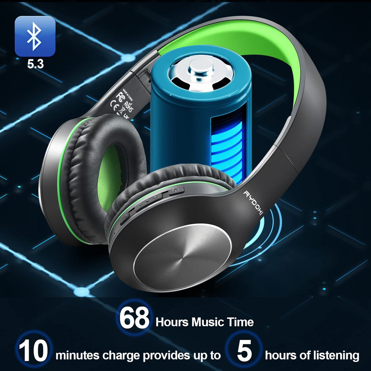 Rydohi Bluetooth headphones with 5.3 technology for stable wireless connection