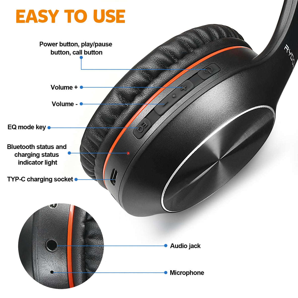 Rydohi foldable headphones with included carrying case for portability.