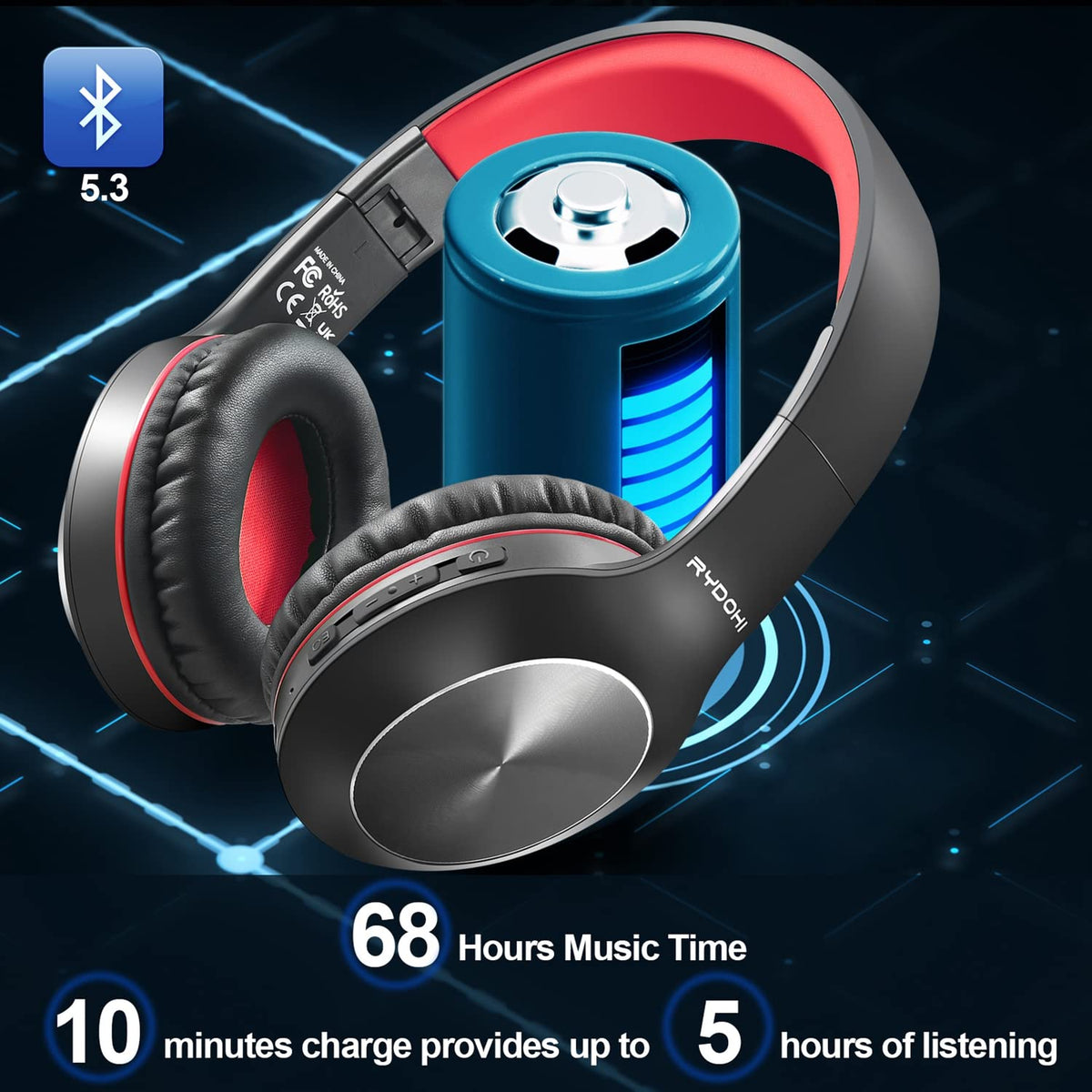 Rydohi foldable headphones folded for compact travel.