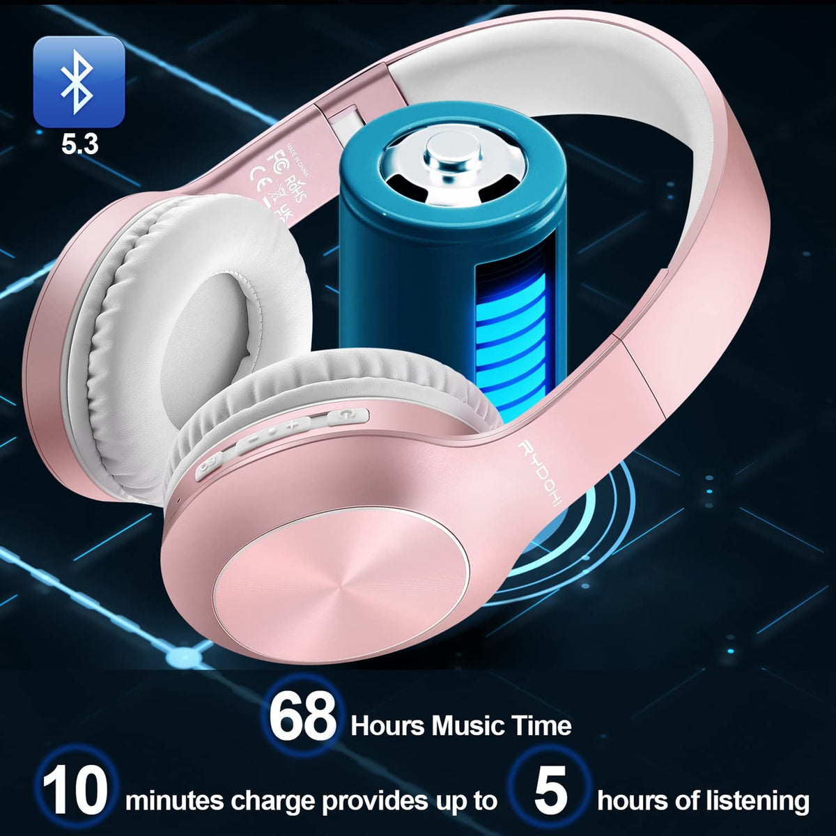 Rydohi headphones with Bluetooth 5.3 for stable wireless listening