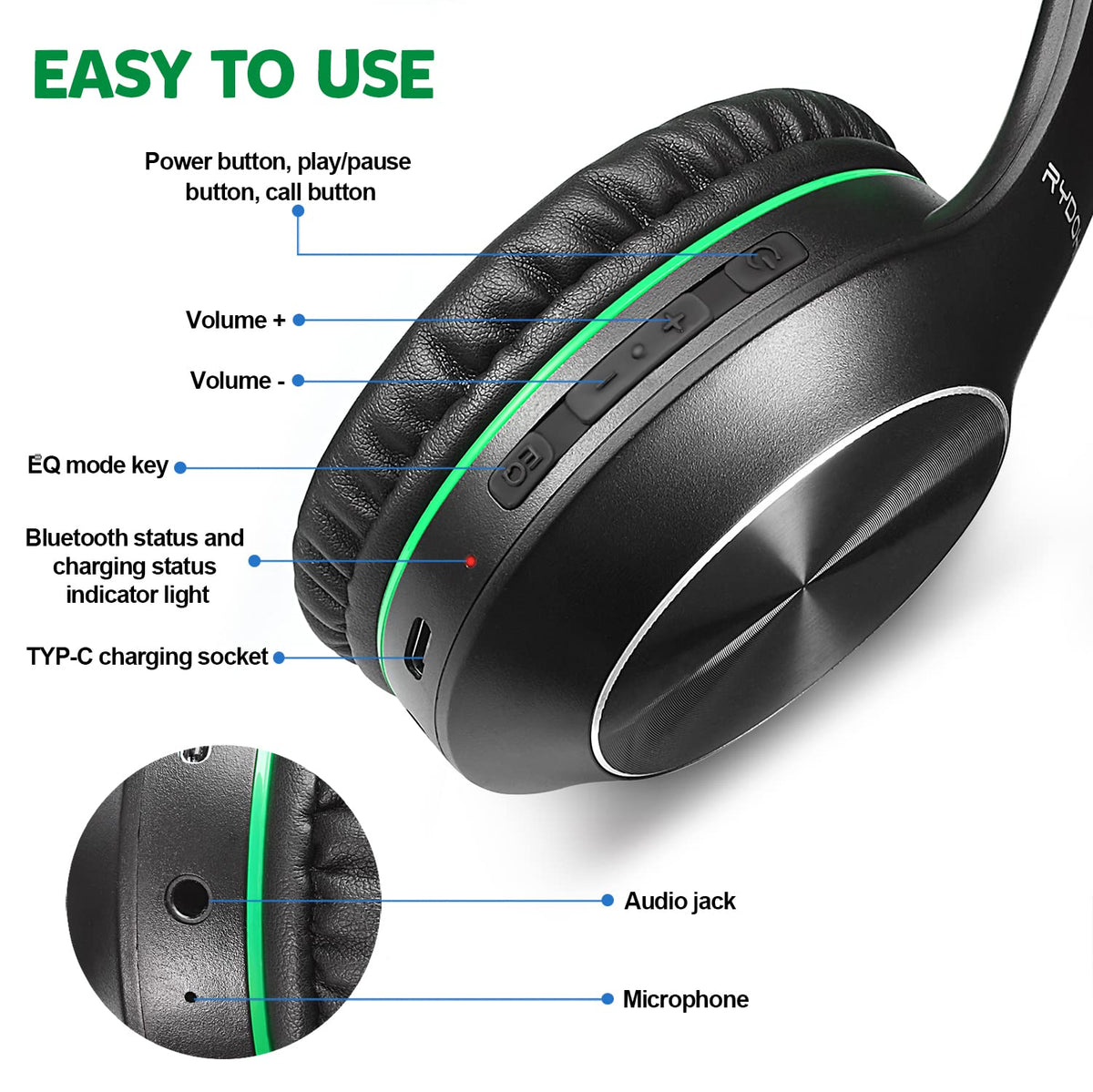 Rydohi included 3.5mm cable, USB cable, bag, and manual for convenience