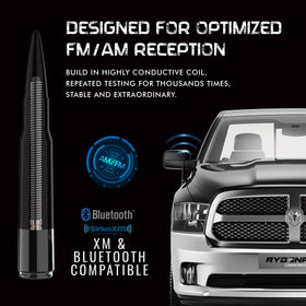 RYDONAIR 50 cal bullet antenna on Dodge Ram close-up highlighting compatibility